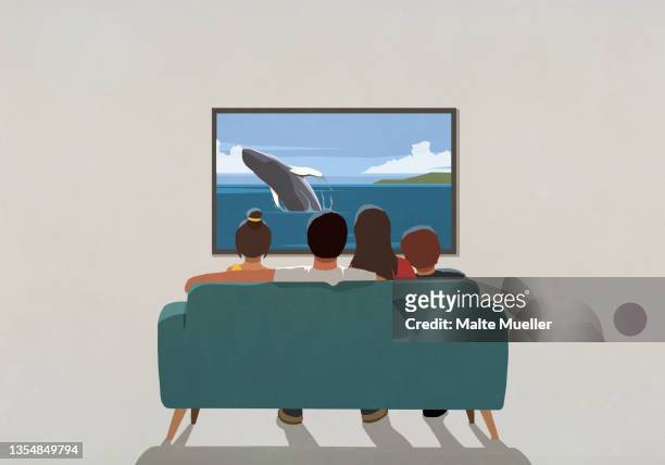 illustrazioni stock, clip art, cartoni animati e icone di tendenza di family on sofa watching nature whale show on tv - due genitori