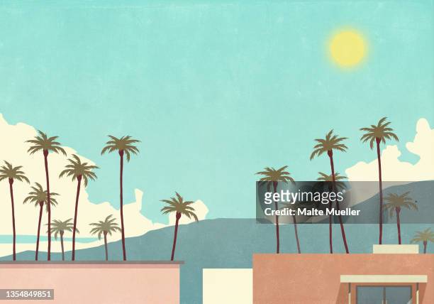 palm trees and silhouetted mountain under sunny blue sky - idyllic stock illustrations