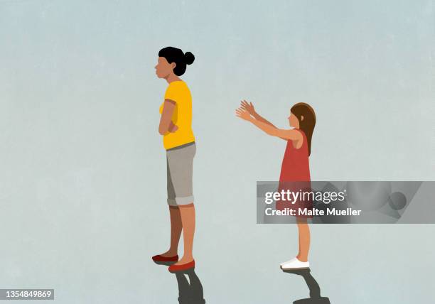 mother ignoring daughter with arms outstretched - frau verschränkte arme stock-grafiken, -clipart, -cartoons und -symbole