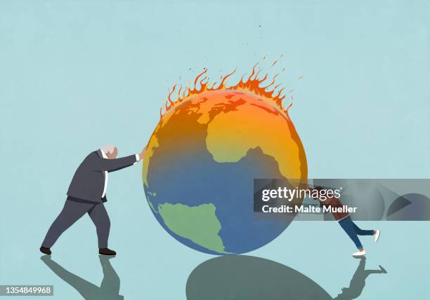 businessman and girl pushing burning globe - pushing stock illustrations