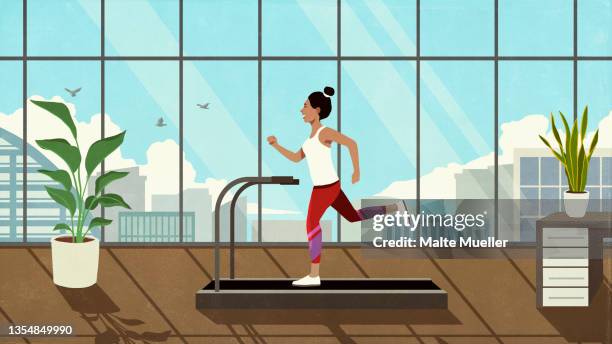 illustrazioni stock, clip art, cartoni animati e icone di tendenza di woman running on treadmill in sunny highrise window - interno appartamento