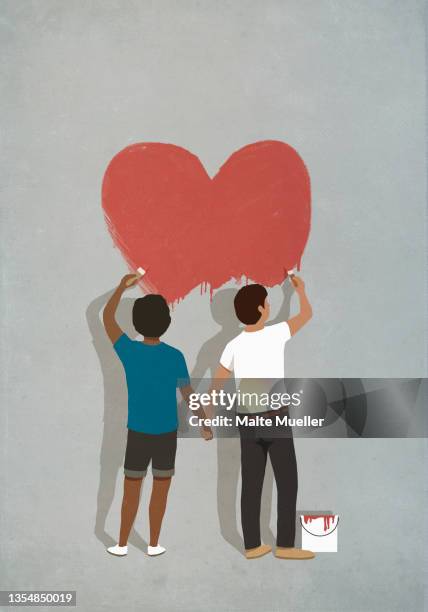 couple holding hands painting heart on wall - hope illustration stock illustrations