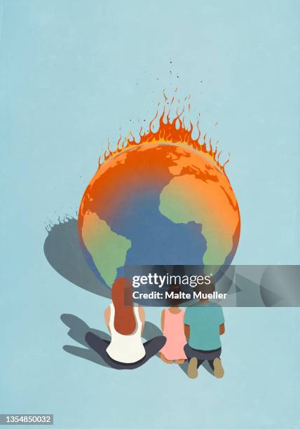 ilustraciones, imágenes clip art, dibujos animados e iconos de stock de family watching burning globe - calentamiento global