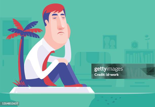 businessman sitting on island and thinking - mid adult men stock illustrations