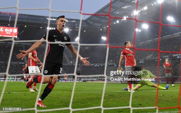 Rafael Santos Borre of Eintracht Frankfurt celebrates their side's first goal scored by Jesper Lindstroem of Eintracht Frankfurt during the...