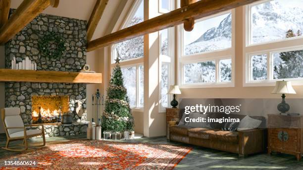 new year celebration at chalet - fireplace imagens e fotografias de stock