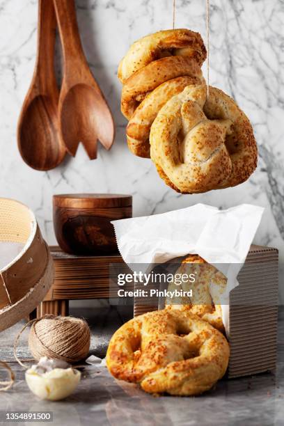 pretzel, german bread pretzels, pretzel in the kitchen - bread packet stock pictures, royalty-free photos & images