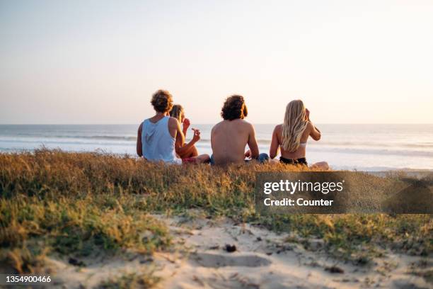 group of friends eating picnic, watching sunset at beach - hossegor stockfoto's en -beelden