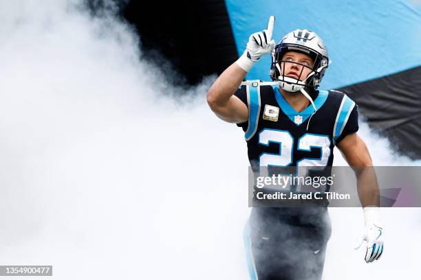 Christian McCaffrey of the Carolina Panthers is introduced prior to the game against the Washington Football Team at Bank of America Stadium on...