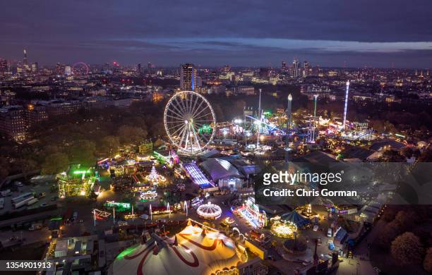 An aerial view of the Winter Wonderland in Hyde Park at dusk on November 16,2021 in London, United Kingdom.