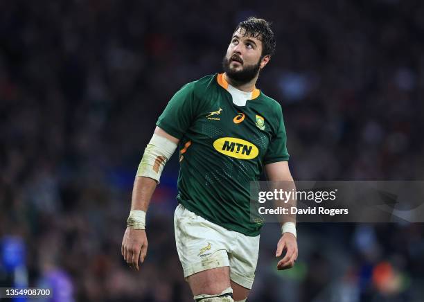 Lood de Jager of South Africa looks on during the Autumn Nations Series match between England and South Africa at Twickenham Stadium on November 20,...