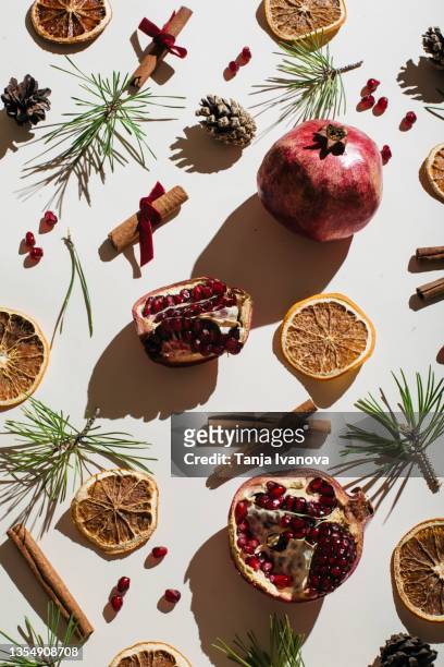 Dried oranges, pomegranates, cinnamon sticks, pine cones, pine branches on a white background. Zero waste Christmas. Minimal concept. Flat lay, top view.