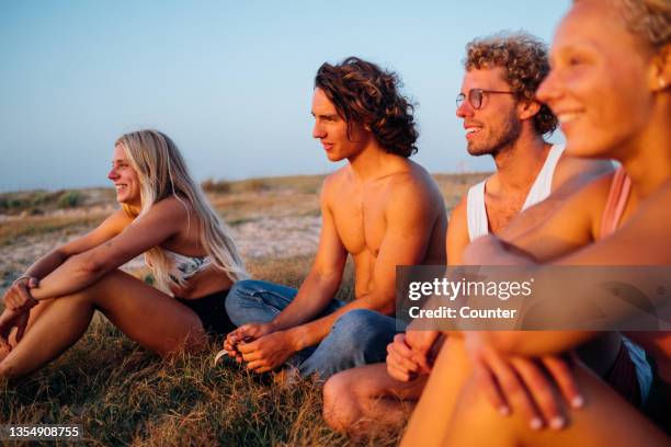 group of friends sitting on dune, having fun, looking at waves at sunset - hossegor stockfoto's en -beelden