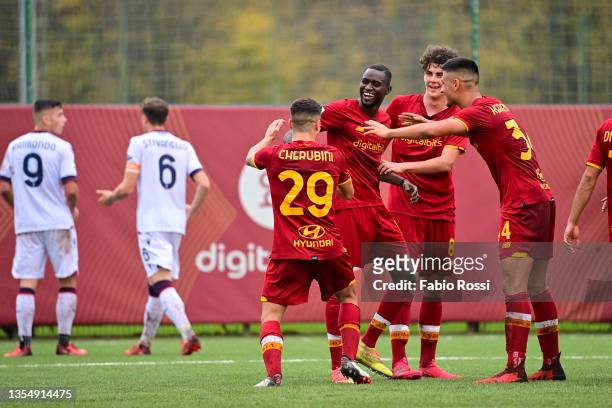 Roma players celebrate after a goal scored by Maissa Ndiaye during the Primavera 1 match between AS Roma U19 and Bologna FC U19 at Centro Sportivo...