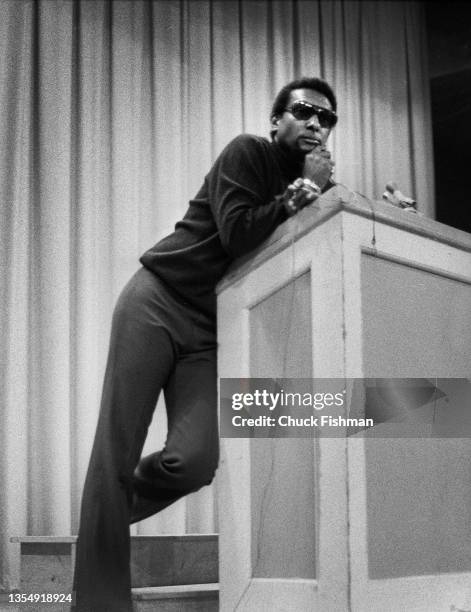 Trinidadian-American Civil Rights activist Stokely Carmichael speaks at Northern Illinois University, DeKalb, Illinois, 1972.