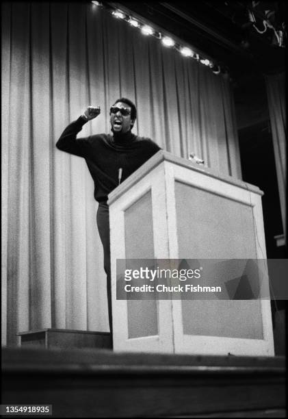 Trinidadian-American Civil Rights activist Stokely Carmichael speaks at Northern Illinois University, DeKalb, Illinois, 1972.