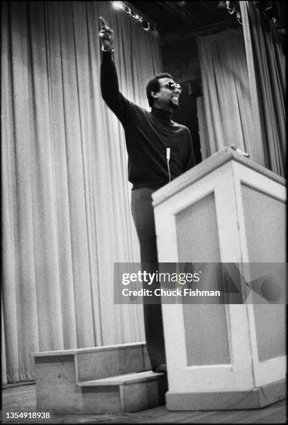 Trinidadian-American Civil Rights activist Stokely Carmichael speaks at Northern Illinois University, DeKalb, Illinois, 1972.