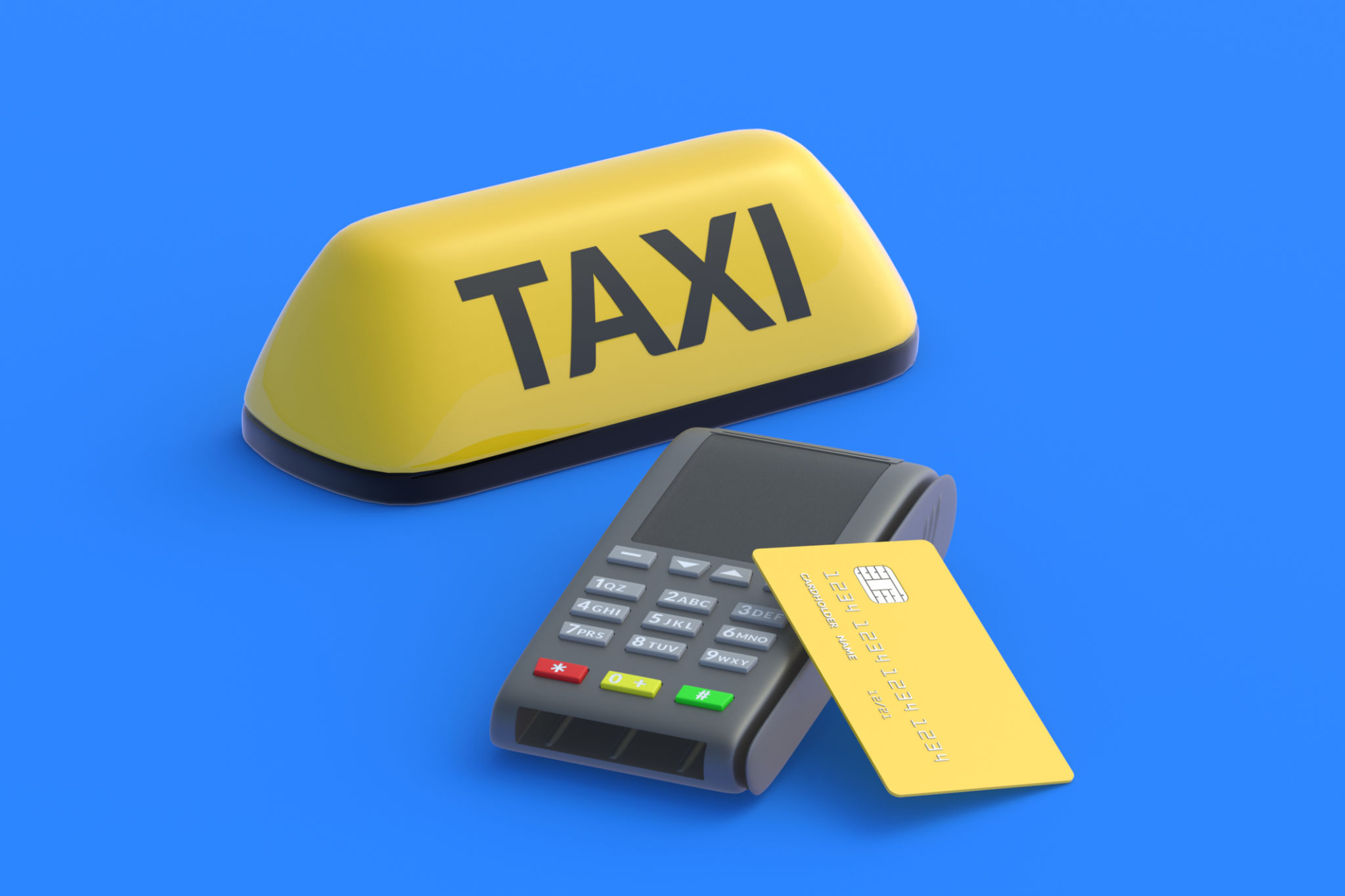 Yellow taxi sign near credit card and cash register. Payment for carrier services. Modern type of calculation. Cashless payment. Franchise cost. Passenger transport rental. 3d render Yellow taxi sign near credit card and cash register. Payment for carrier services. Modern type of calculation. Cashless payment. Franchise cost. Passenger transport rental. 3d render