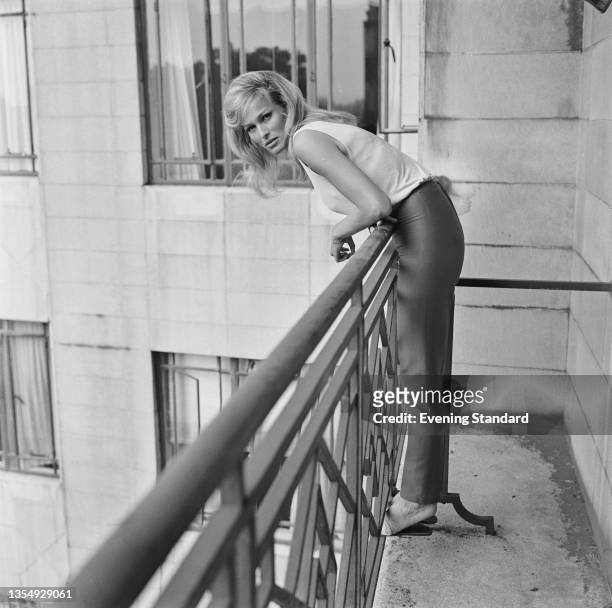 Swiss actress Ursula Andress at the Dorchester Hotel in London, UK, 5th August 1964.