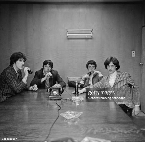 English rock band The Kinks, UK, 22nd August 1964. From left to right, singer Ray Davies, drummer Mick Amory, bass player Pete Quaife and guitarist...