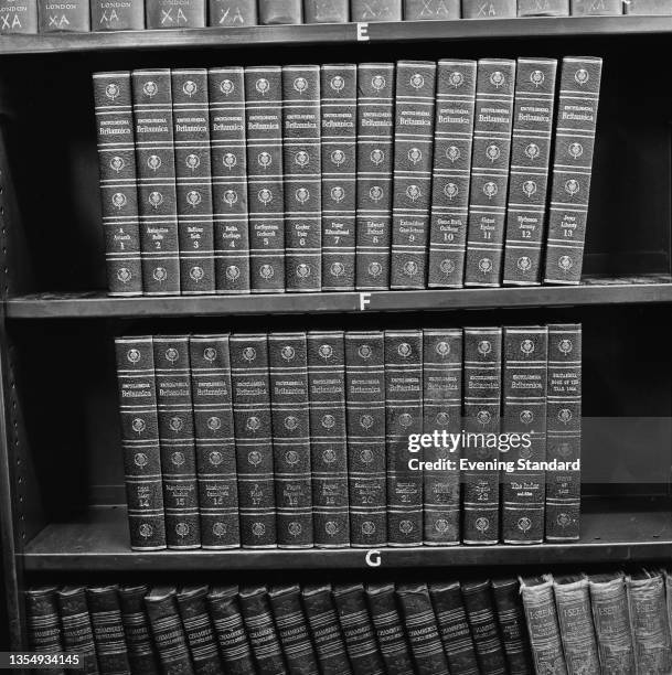 Full set of the Encyclopaedia Britannica on a shelf in a library, UK, 27th August 1964.