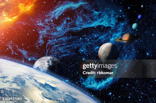Digital illustration of the Solar system. Sun, Earth and planetary Moon, Mars, Jupiter, Saturn, Uranus, Neptune and the dwarf Pluto Digital illustration of the Solar system. Sun, Earth and planetary Moon, Mars, Jupiter, Saturn, Uranus, Neptune and the dwarf Pluto