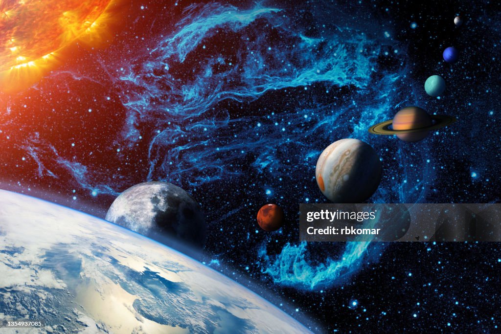 Digital illustration of the Solar system. Sun, Earth and planetary Moon, Mars, Jupiter, Saturn, Uranus, Neptune and the dwarf Pluto