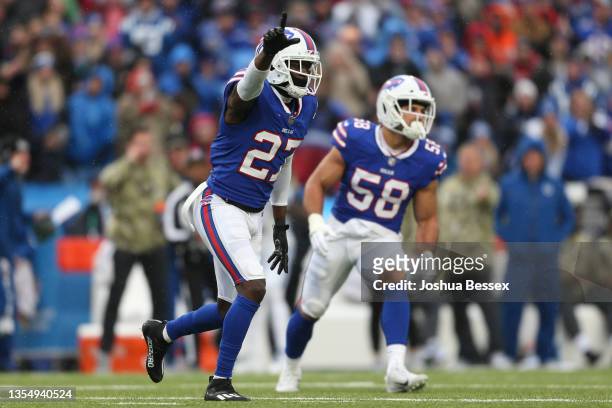 Tre'Davious White of the Buffalo Bills celebrates a play during the first half against the Indianapolis Colts at Highmark Stadium on November 21,...