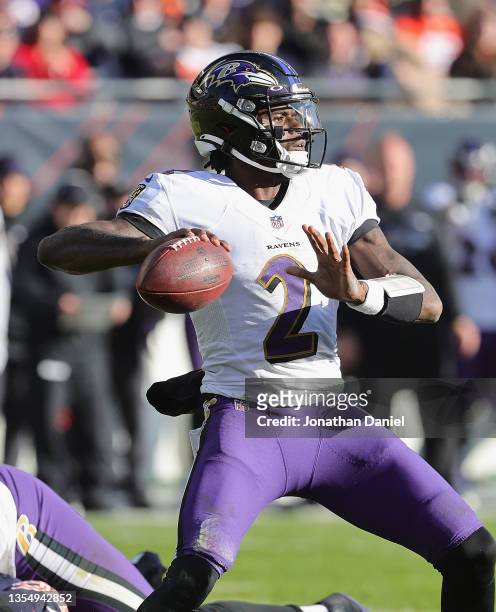 Tyler Huntley of the Baltimore Ravens passes against the Chicago Bears at Soldier Field on November 21, 2021 in Chicago, Illinois. The Ravens...