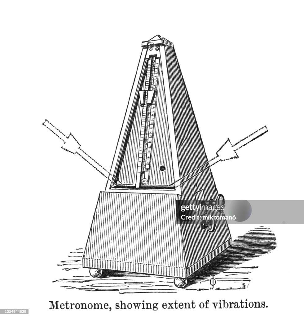 Old engraved illustration of A metronome, device that produces an audible click or other sound at a regular interval that can be set by the user, typically in beats per minute