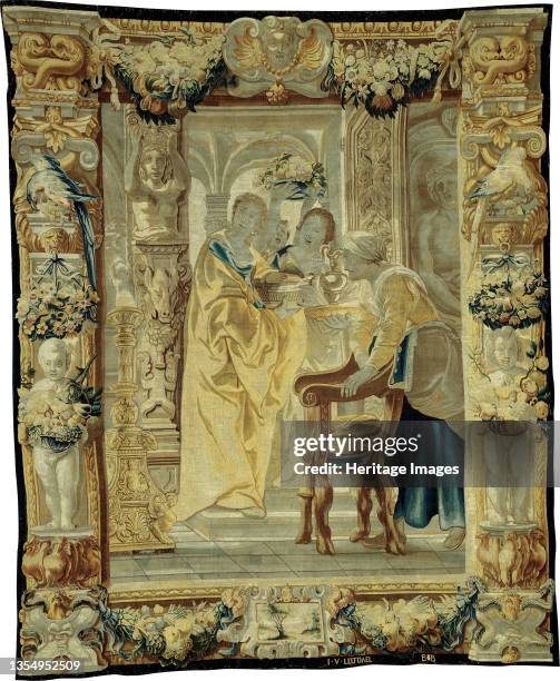 Tapestry , Flanders, circa 1650. Girl Offering Gifts, part of Telemachus Leading Theoclymenus to Penelope, from The Story of Odysseus. Woven at the...