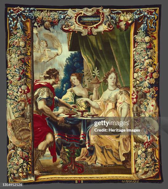 Cleopatra and Antony Enjoying Supper, from The Story of Caesar and Cleopatra, Brussels, circa 1680. Cleopatra dissolves a pearl in a cup of vinegar....