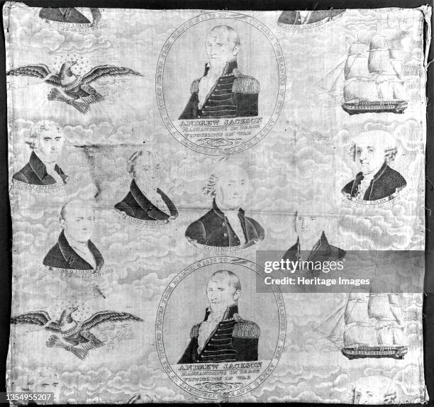 Fragment , England or United States, circa 1837. Portraits of US presidents with eagle and sailing ship motifs. Artist Unknown.