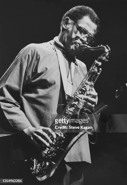 View of American Jazz musician Dexter Gordon as he plays tenor onstage at Power Center, Ann Arbor, Michigan, October 1977.