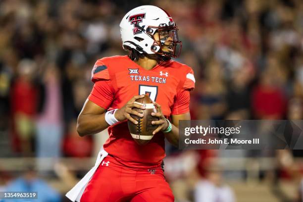 Quarterback Donovan Smith of the Texas Tech Red Raiders looks to pass the ball during the first half of the college football game against the...