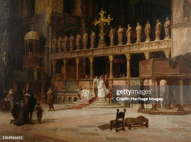 Interior of St. Mark's, Venice, 1869. Bride and groom in 16th-century dress. Detail from a larger artwork. Artist David Dalhoff Neal.