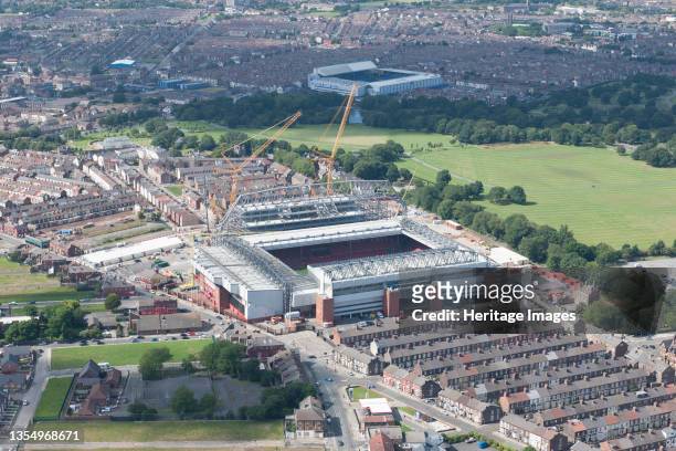 Anfield Football Stadium, home to Liverpool Football Club, with Goodison Park, home to Everton Football Club, in background, Liverpool, 2015. Artist...