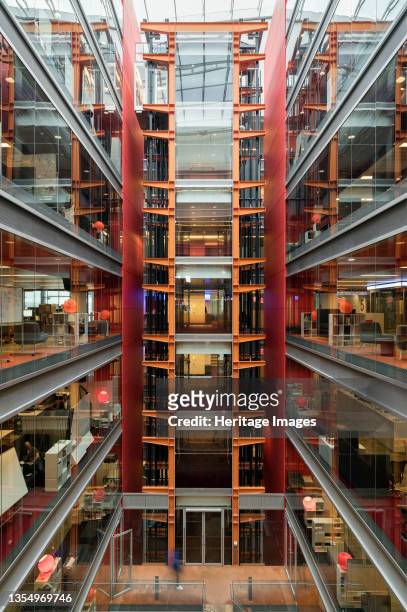 New Broadcasting House, Portland Place, Marylebone, London. 2016. Interior view of the new extension to the BBC radio studios building, showing its...