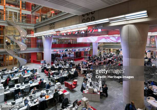 Main newsroom, New Broadcasting House, Portland Place, Marylebone, London, 2016. Interior view of the new extension to the BBC radio studios...