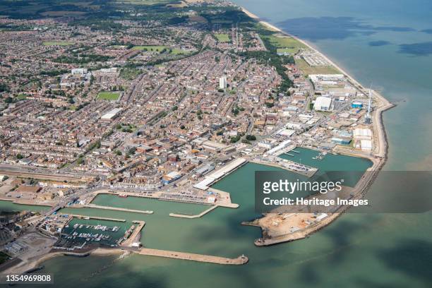 Hamilton Dock, Waveney Dock and the outer harbour at Lowestoft, Suffolk, 2019. Artist Historic England.