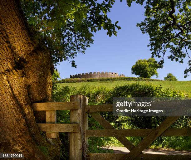 Restormel Castle, Lostwithiel, Cornwall, 2018. General view looking north towards the castle's ramparts, with a wooden gate and an oak tree in the...