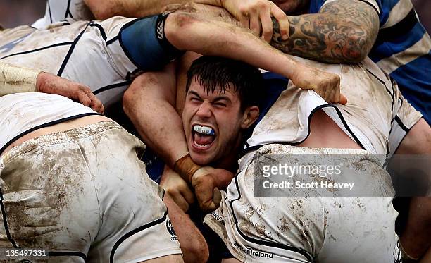 Guy Mercer of Bath in a scrum during the Heineken Cup match between Bath Rugby and Leinster at Recreation Ground on December 11, 2011 in Bath,...