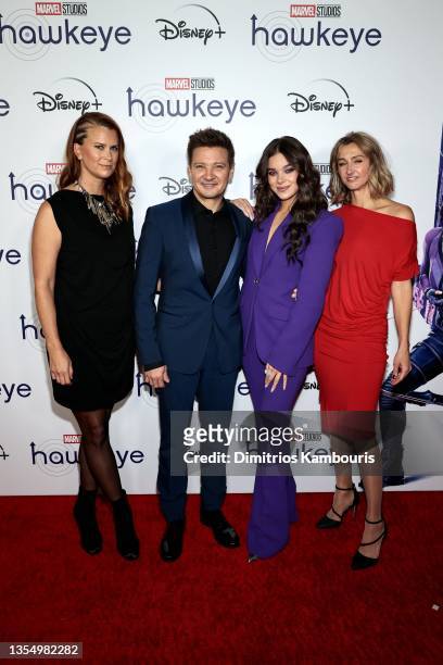 Amber Templemore-Finlayson, Hailee Steinfeld, Jeremy Renner and Katie Ellwood attend the "Hawkeye" Special Screening at AMC Lincoln Square Theater on...