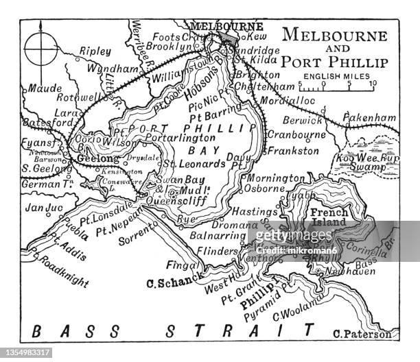 old engraved map of melbourne and port phillip - melbourne map stock pictures, royalty-free photos & images