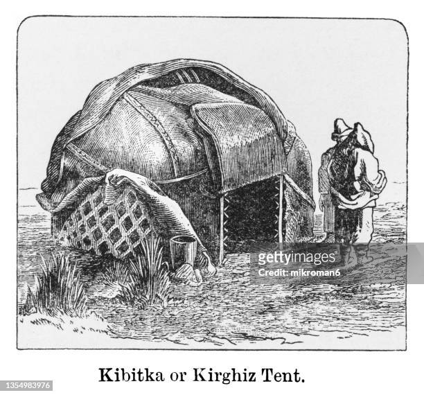 old engraved illustration of kibitka or kirghiz tent, a circular tent used by the kirghiz and other tatars - kibitka stock pictures, royalty-free photos & images