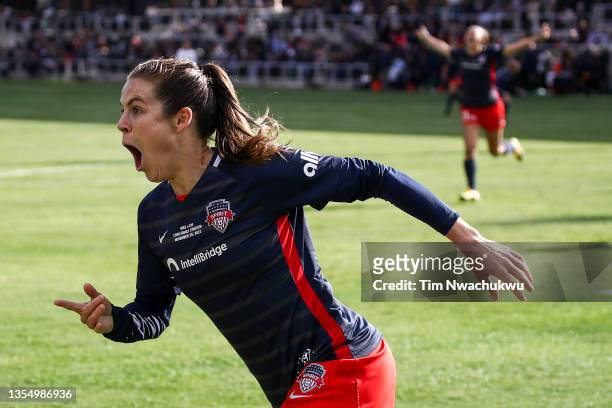 Kelley O'Hara of Washington Spirit celebrates after scoring against Chicago Red Stars during the NWSL Championship held at Lynn Family Stadium on...
