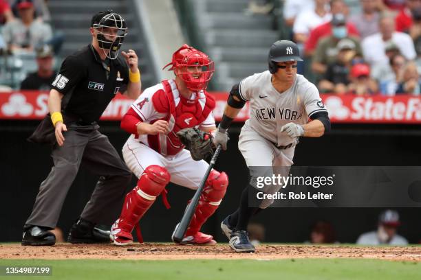 Brett Gardner of the New York Yankees bats during the game against the Los Angeles Angels at Angel Stadium on September 1, 2021 in Anaheim,...