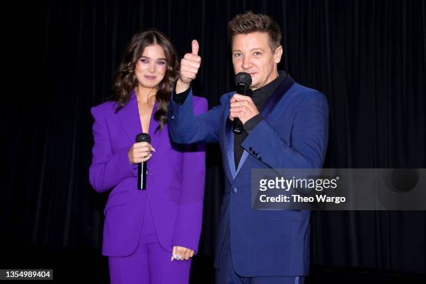 Hailee Steinfeld and Jeremy Renner speak during the Hawkeye New York Special Fan Screening at AMC Lincoln Square on November 22, 2021 in New York...