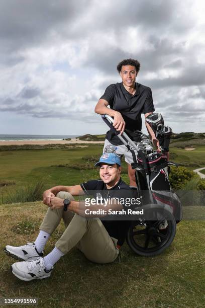 Dusty Hannahs and Mojave King, Adelaide 36ers NBL players have a round of golf at Barnbougle Dunes on November 23, 2021 in Bridport, Australia.