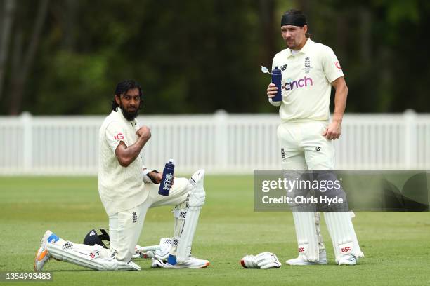 Haseeb Hameed and Rory Burns of England during day one of the Tour Match between England and the England Lions at Redlands Cricket Inc on November...